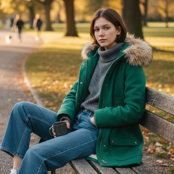 J. Crew Chateau Parka Italian Wool Stadium Cloth Faux Fur Hooded Coat Green Sz 4 - Picture 5 of 16